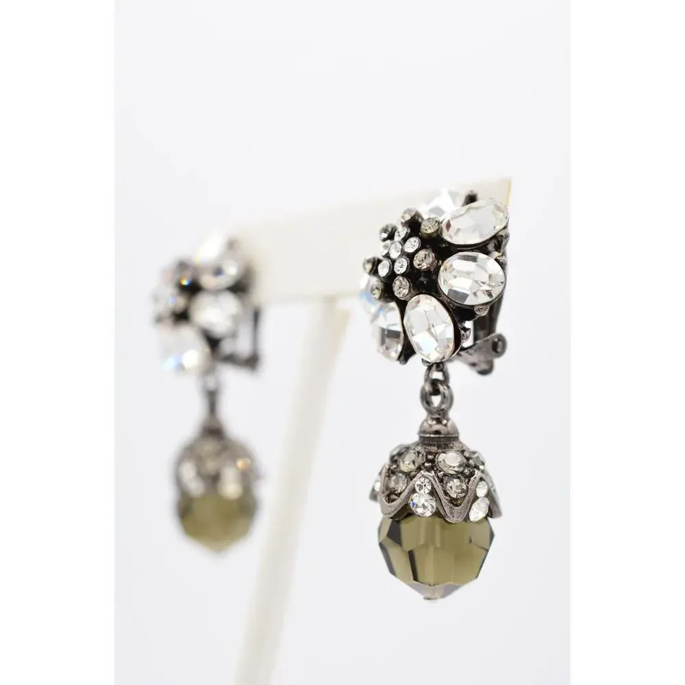Barrera Vintage Crystal Clip On Earrings Rhinestone Gunmetal Signed 1980s BinAO